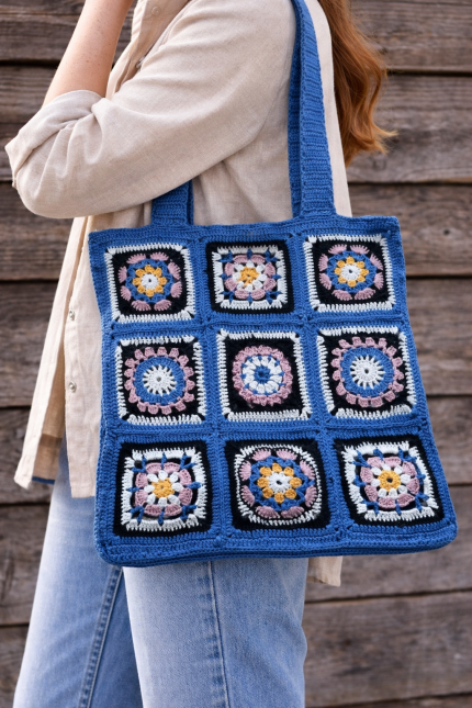 tamborēta soma pirkumiem zila ar rakstu