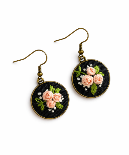 Apaļi auskari ar izšūtiem rožu ziediņiem