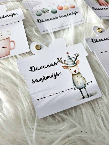Ziemassvētku dāvanu kartītes ar uzrakstu “Dāvanas saņēmējs”, drukātas uz fotopapīra. Maigi, rotaļīgi dizaini ar ziemas motīviem – eglītēm, karstās šokolādes krūzītēm, piparkūkām ar dāvanām un citām svētku ilustrācijām.