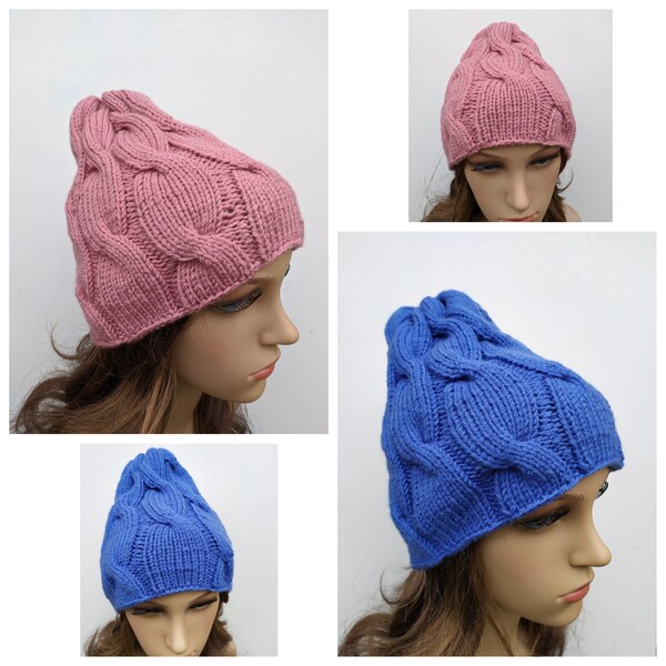 Adīta sieviešu cepure ar pīnēm "Vienkrāsaina"