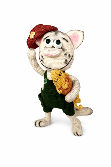 tamborēta rotaļlieta kaķis ar zivi