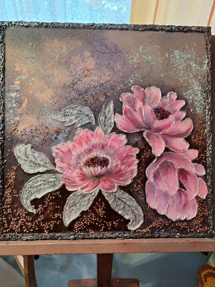 ziedu peonijas panno gleznojums