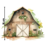 Fermas dzīvnieku līmpapīra sienas uzlīmes bērnu istabā ar govi, jēru, kazlēnu, cālīti, kaķēnu un fermas ēkām, izvietotas virs bērnu gultiņas.