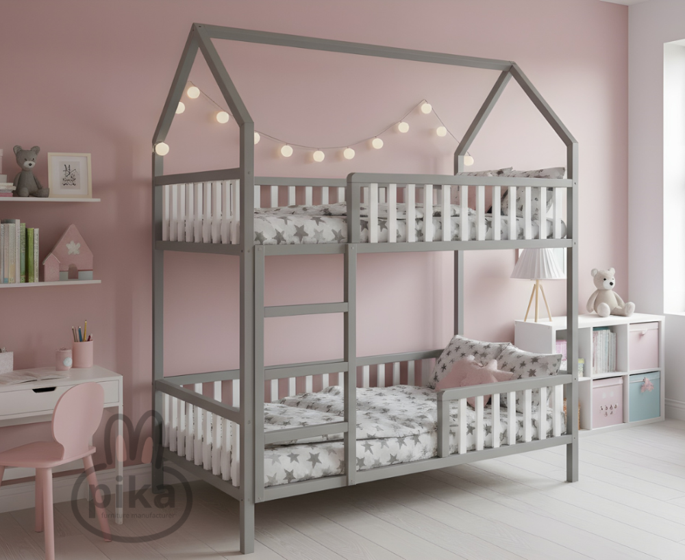 Divstāvu koka gulta - māja MONTESSORI, 90x180cm