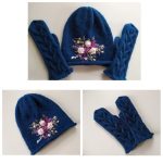 Sieviešu cimdi ar pīnēm un cepure ar izšuvumu, komplekts