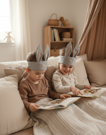 Bērni ar zaķa maskām lasa grāmatu – mīļš auduma kostīms lomu spēlēm mājās.