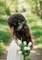 Meitene pavasara parkā ar olīvzaļu lina matu banti ar izšuvumu – zaķīti ar cirkonija pērlītēm.