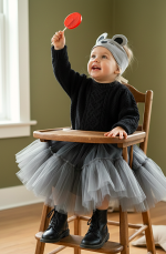 Pelēka peles galvas maska bērniem ar regulējamu aizdari un mīkstām ausīm.