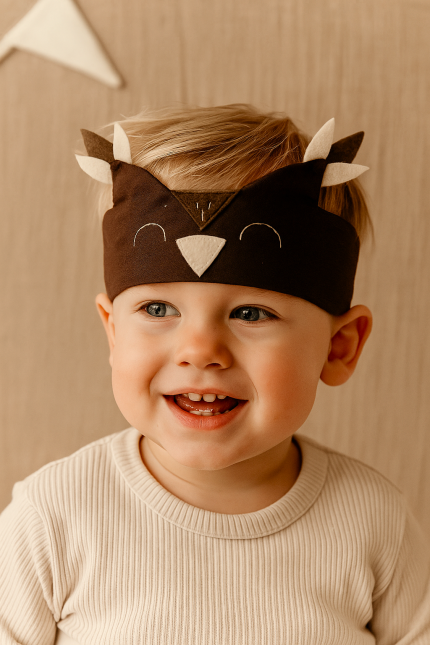 Bērns ar pūces masku – roku darbs bērniem Latvijā, piemērota teātrim un karnevālam.