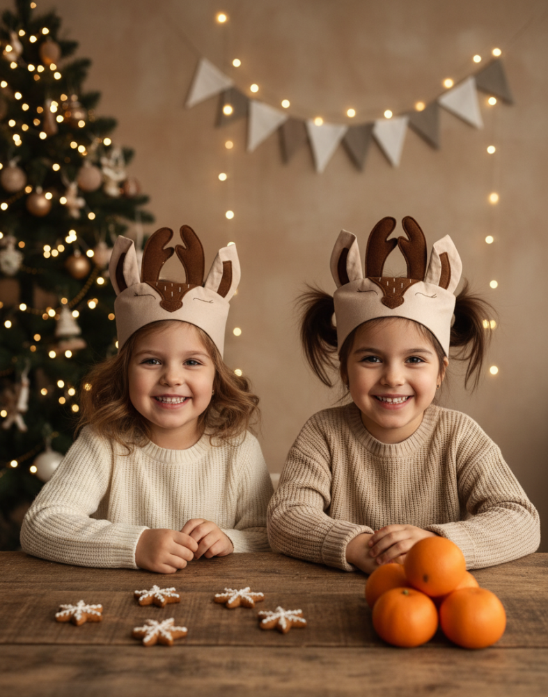 Bērni ar stirnas maskām – Ziemassvētku kostīms bērniem.