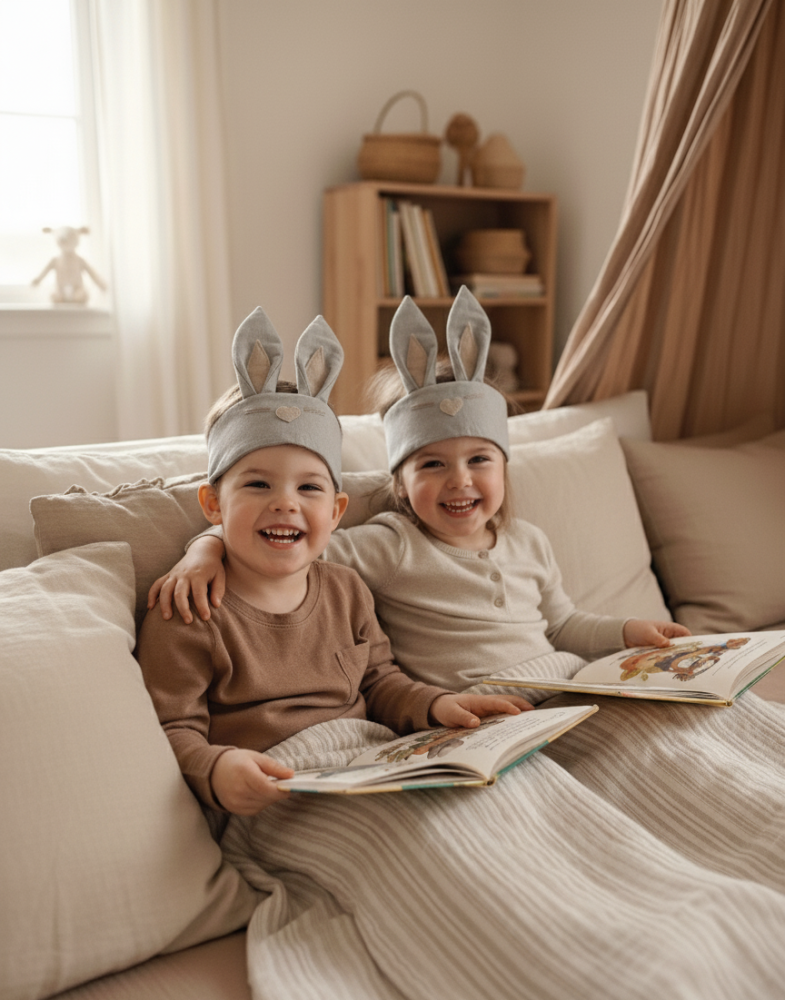 Brālis un māsa ar zaķa maskām – Lieldienu kostīms bērniem no dabīga auduma.