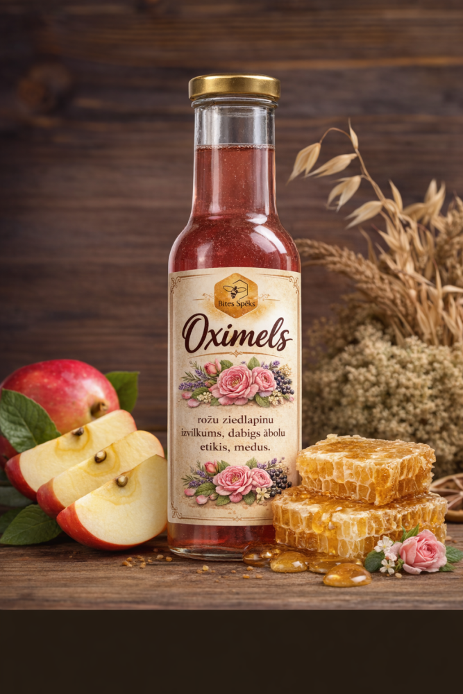 Oksimels medus un dabīgā etiķa maisījums ar rožu ziedlapiņām