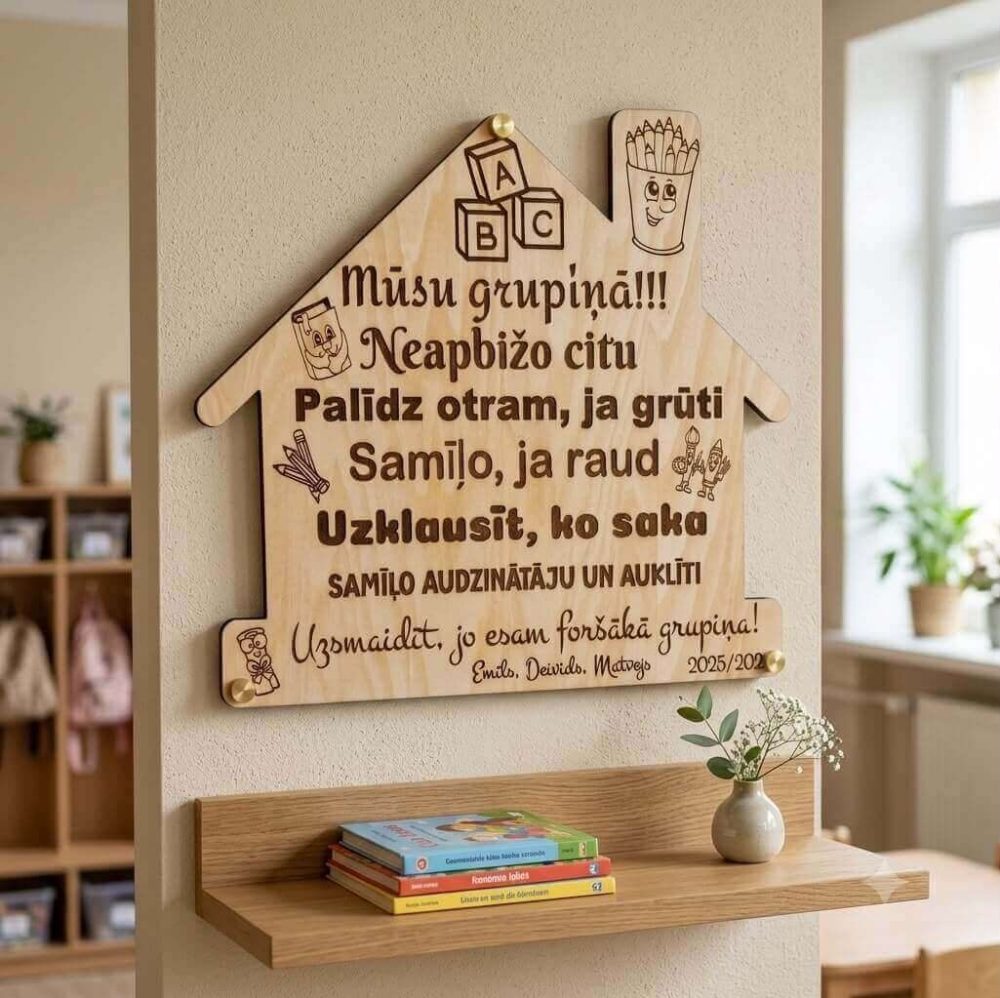 Koka dekoratīvā plāksnīte “Bērnudārza grupiņas noteikumi”