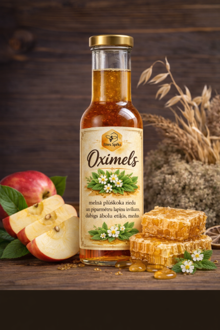 Oximels ar plūškoka ziediem un piparmētru lapiņām