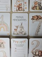 Mazuļa mēneškartītes ar briedīti un telti, meža dzīvnieciņu ilustrācijas akvareļu stilā, maigas dabas krāsas, 10 × 15 cm. Raudzību ballīte. Dzimumballītes dāvana