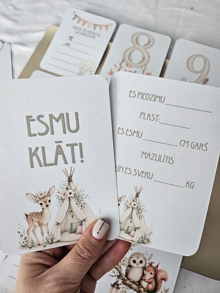 Mazuļa pirmā gada mēneškartīšu komplekts ar meža dzīvnieciņiem, cipariem un kartīti mēneša sasniegumu pierakstīšanai. Raudzību dāvana.
